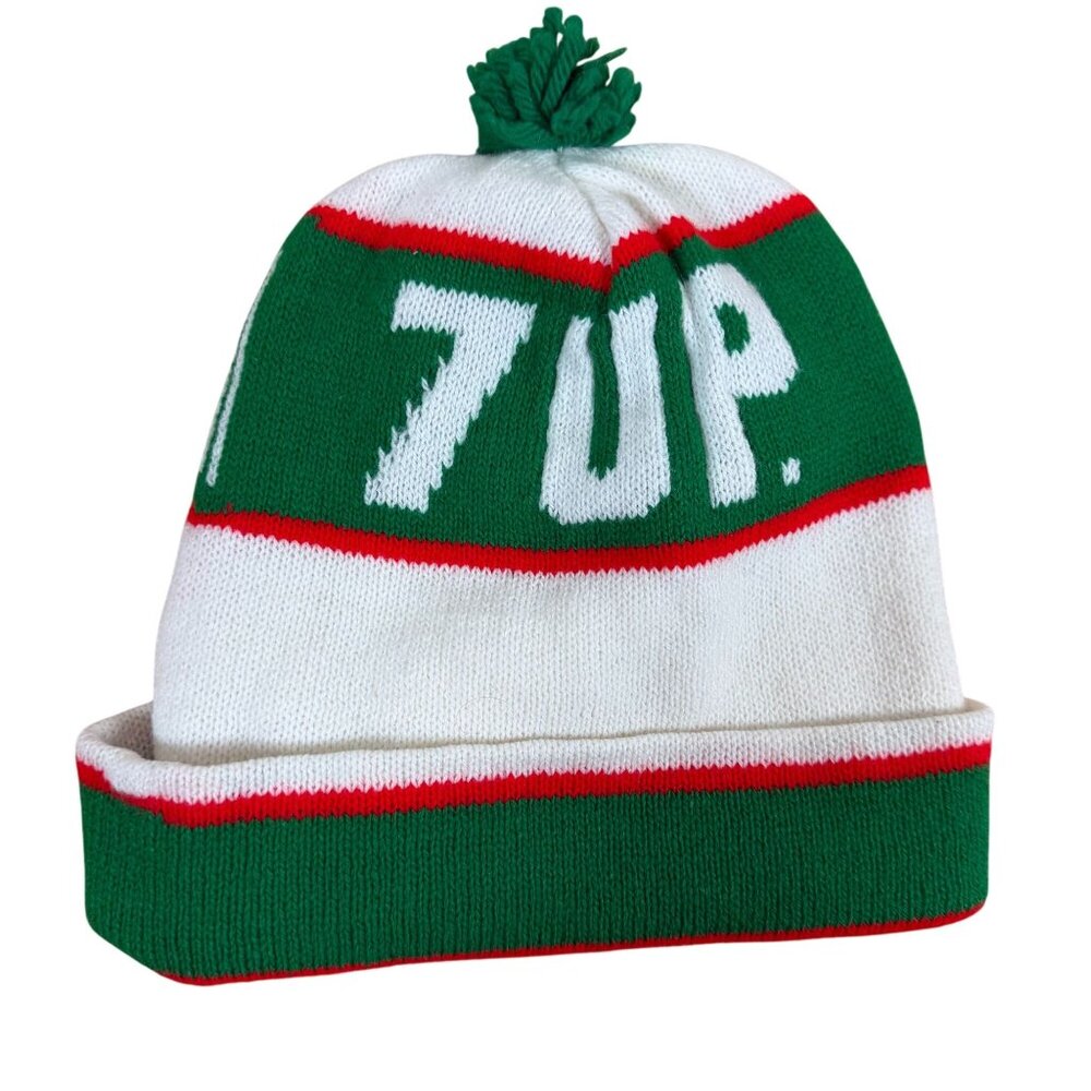 Vintage 7Up Knit Beanie Retro Green White Pom Hat